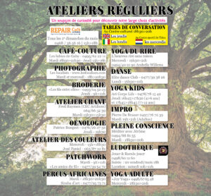 Nos ateliers réguliers pour les adultes